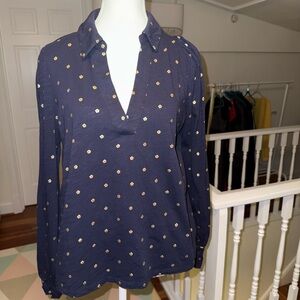 Boden Navy Blouse with Gold Polka Dots